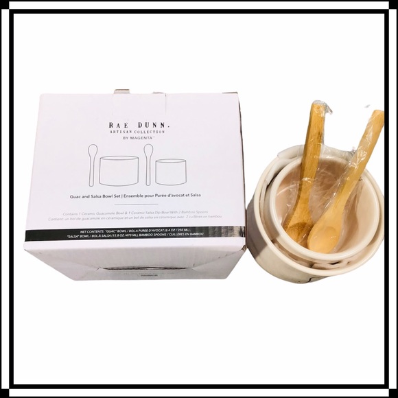 Rae Dunn SALSA & GUACAMOLE Serving Bowl Set + 2 Wooden Spoons NIB - Picture 5 of 10